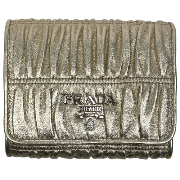 Prada Logo Tri-fold Wallet Gathered Leather Gold Women's 1MH176